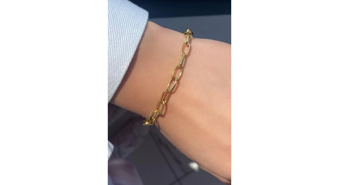 Altın Renk Zincir Detaylı Çelik Bileklik (Unisex)