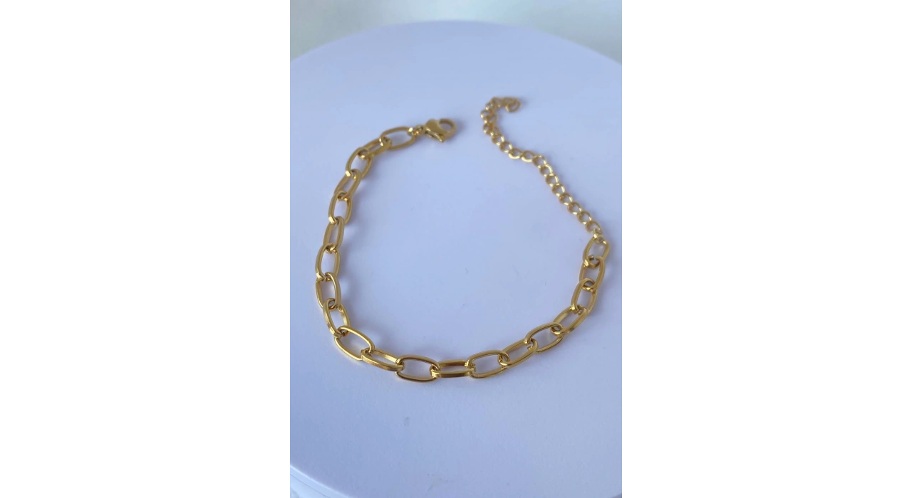 Altın Renk Zincir Detaylı Çelik Bileklik (Unisex)