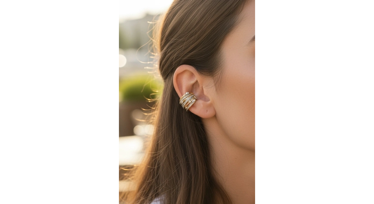 Altın Ve Gümüş Renk Taş Detaylı 14K Altın Kaplama TX Ear Cuff (Tek)