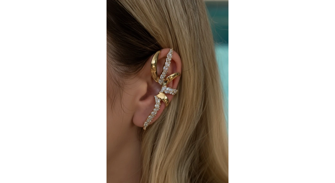 Altın Ve Gümüş Renk Taş Detaylı Kulak Aksesuarı