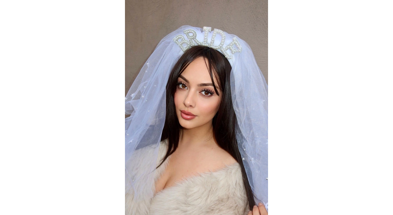 Beyaz Renk Bride Yazılı Duvak Detaylı Gelin Taç