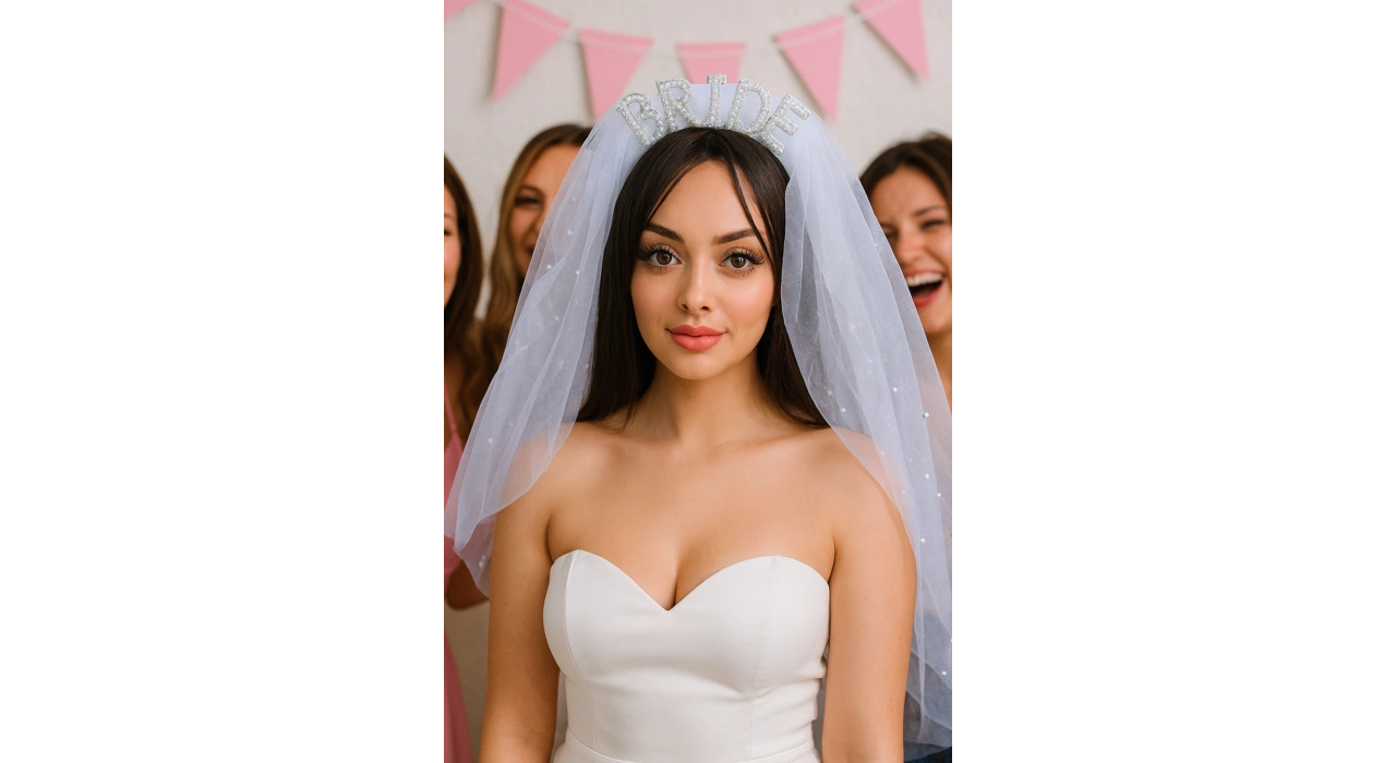 Beyaz Renk Bride Yazılı Duvak Detaylı Gelin Taç