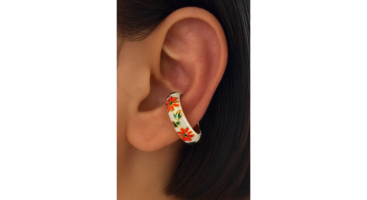 Beyaz Renk Çiçek Figürlü Ear Cuff (Tek)