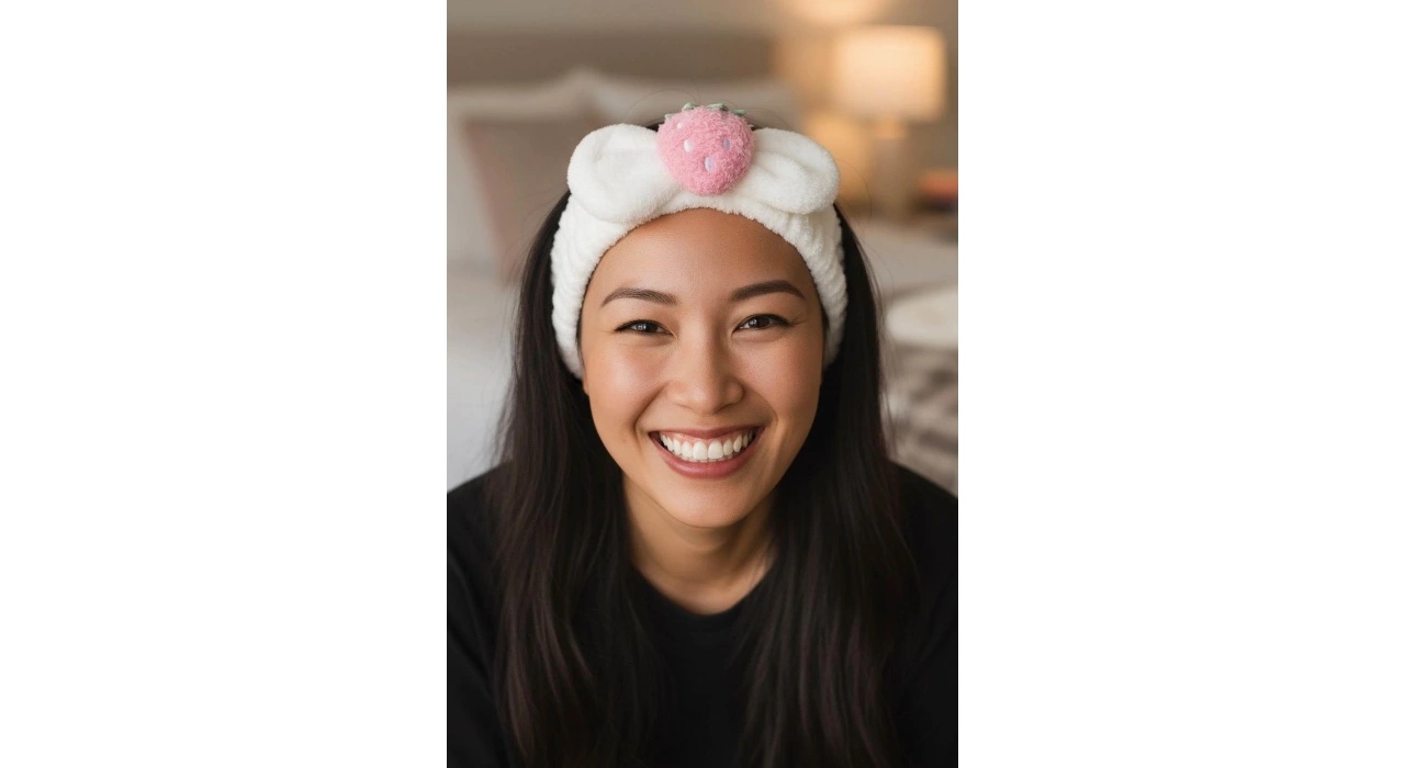 Beyaz Renk Çilek Figürlü Peluş Saç Bandı