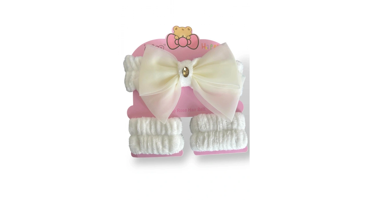 Beyaz Renk Fiyonk Detaylı Su Emici Havlu Bileklik Saç Bandı