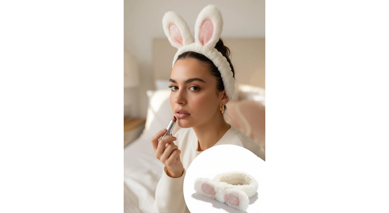 Beyaz Renk Kulak Detaylı Peluş Saç Bandı