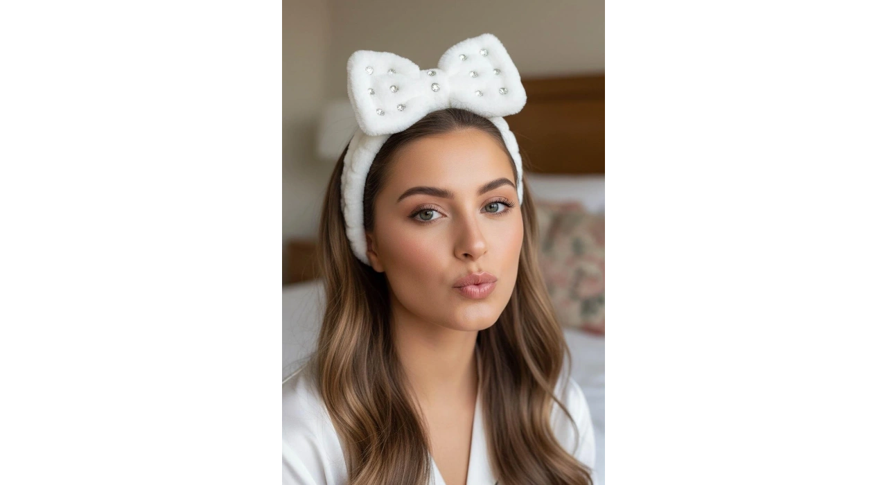 Beyaz Renk Kurdele Figürlü Taş Detaylı Peluş Saç Bandı