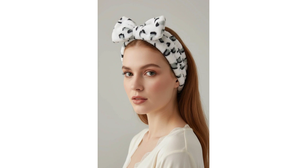 Beyaz Ve Gri Renk Kurdele Figürlü Leopar Desenli Saç Bandı