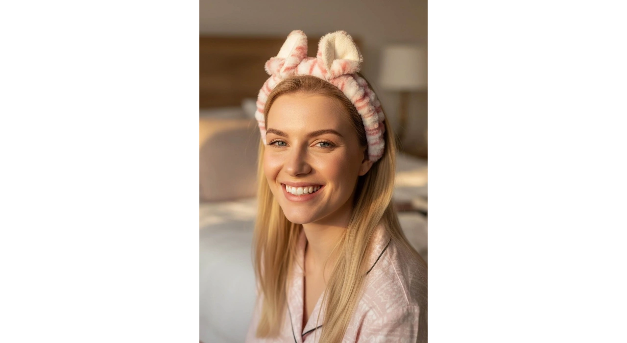 Beyaz Ve Pembe Renk Kulak Detaylı Peluş Saç Bandı