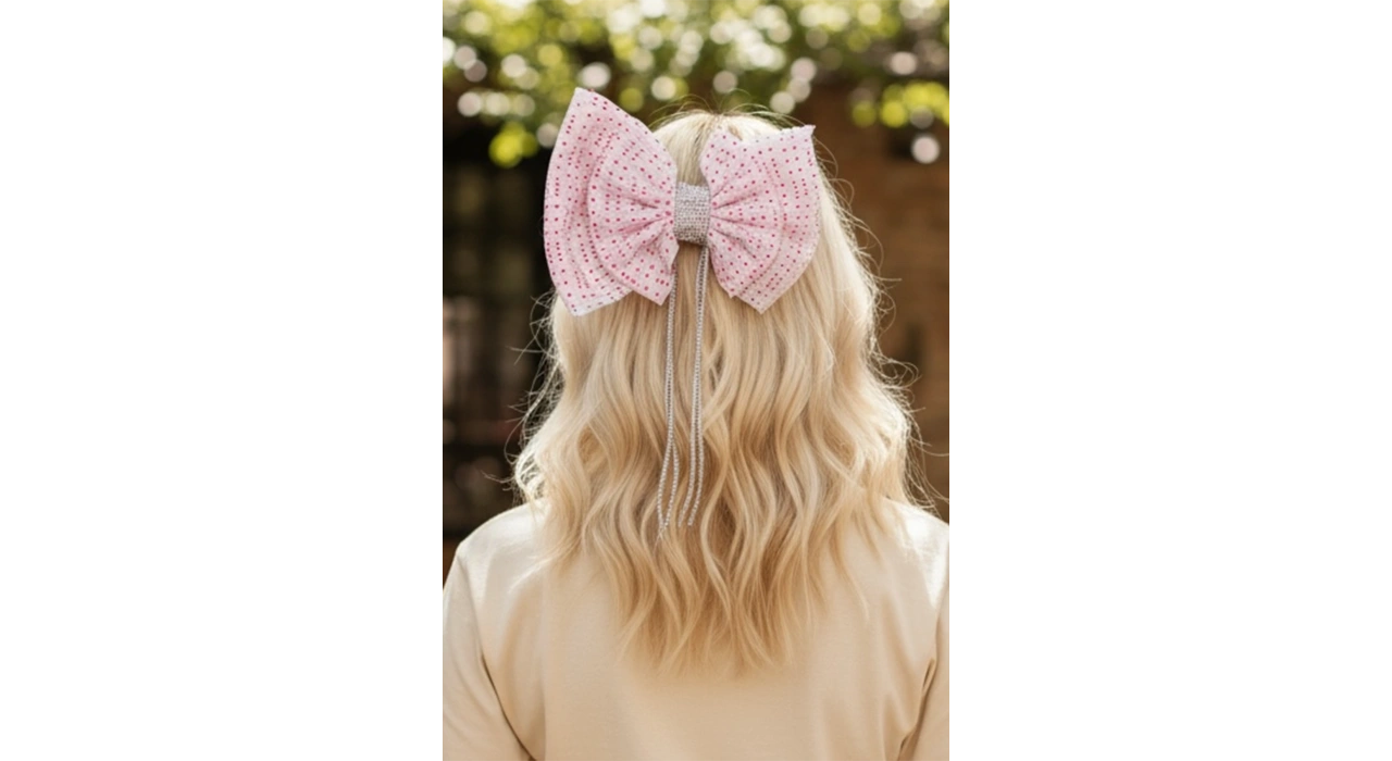 Beyaz Ve Pembe Renk Kurdele Figürlü Taş Detaylı Otomat Toka