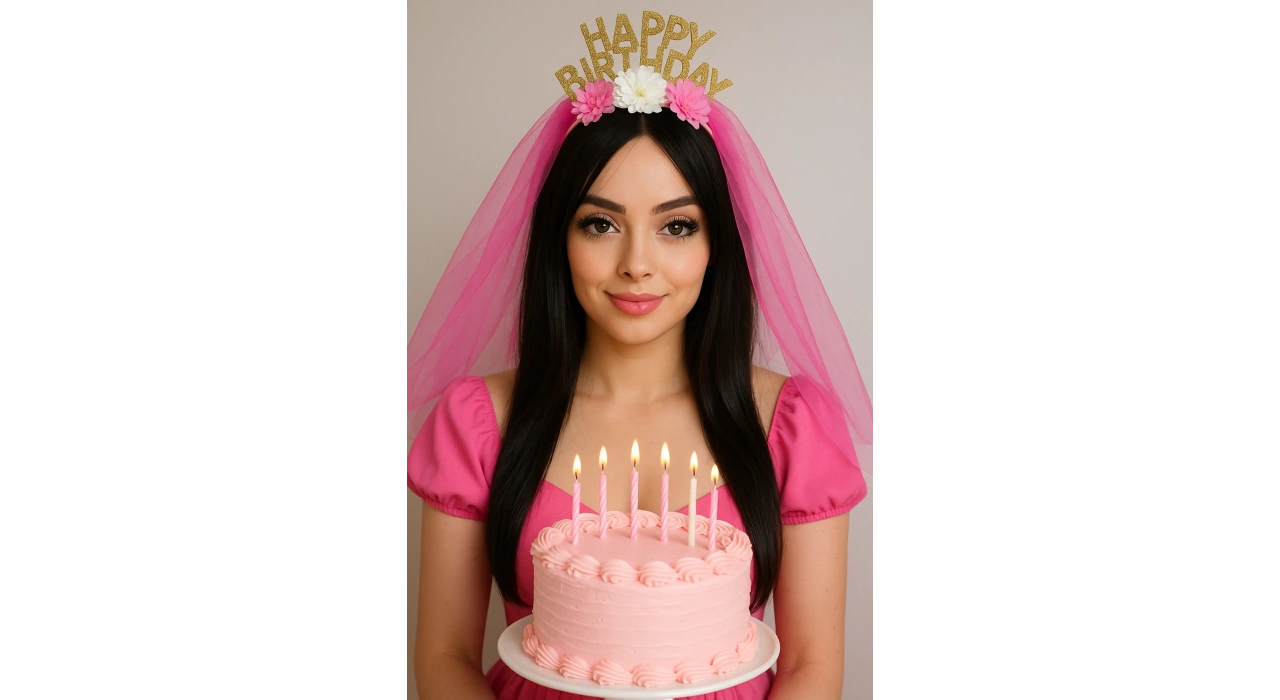 Fuşya Renk Happy Birthday Yazılı Çiçek Figürlü Tül Detaylı Taç