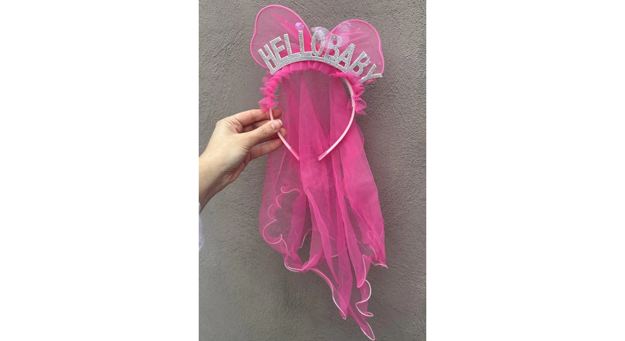 Fuşya Renk Hello Baby Yazılı Tül Detaylı Taç