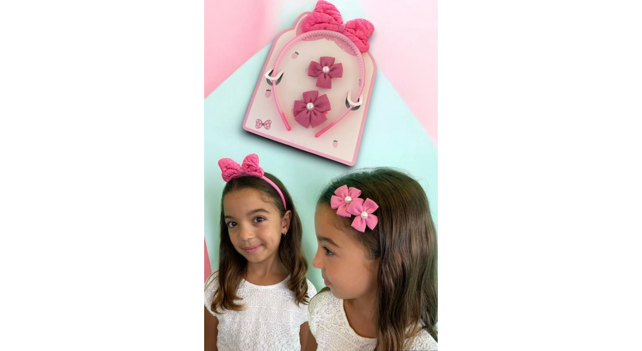 Fuşya Renk Kurdele Figürlü Taç Ve Yan Toka Set