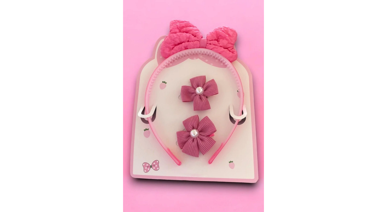 Fuşya Renk Kurdele Figürlü Taç Ve Yan Toka Set