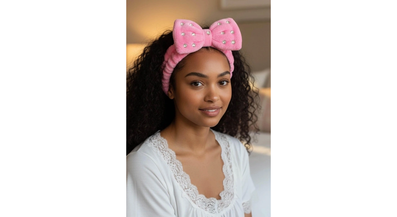 Fuşya Renk Kurdele Figürlü Taş Detaylı Peluş Saç Bandı