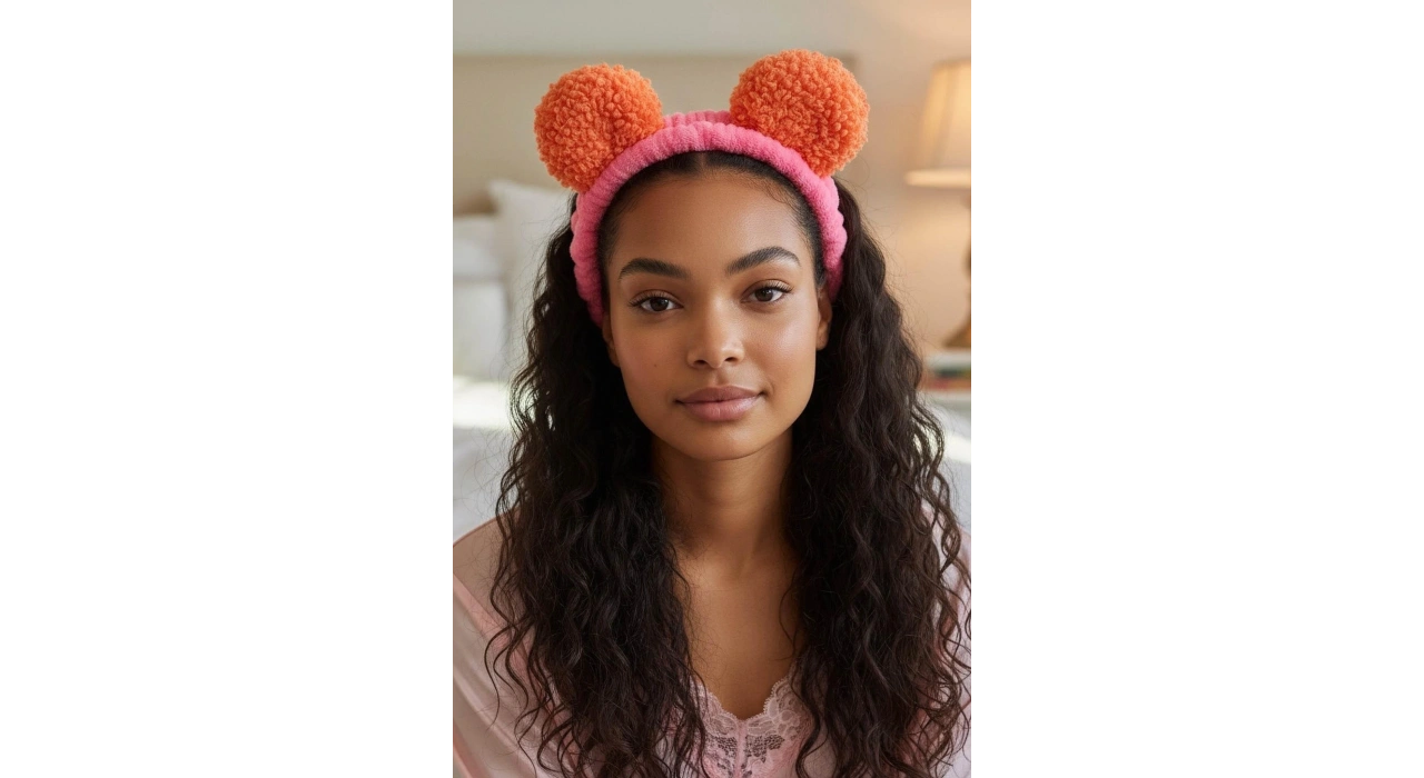 Fuşya Ve Turuncu Renk Kulak Detaylı Peluş Saç Bandı