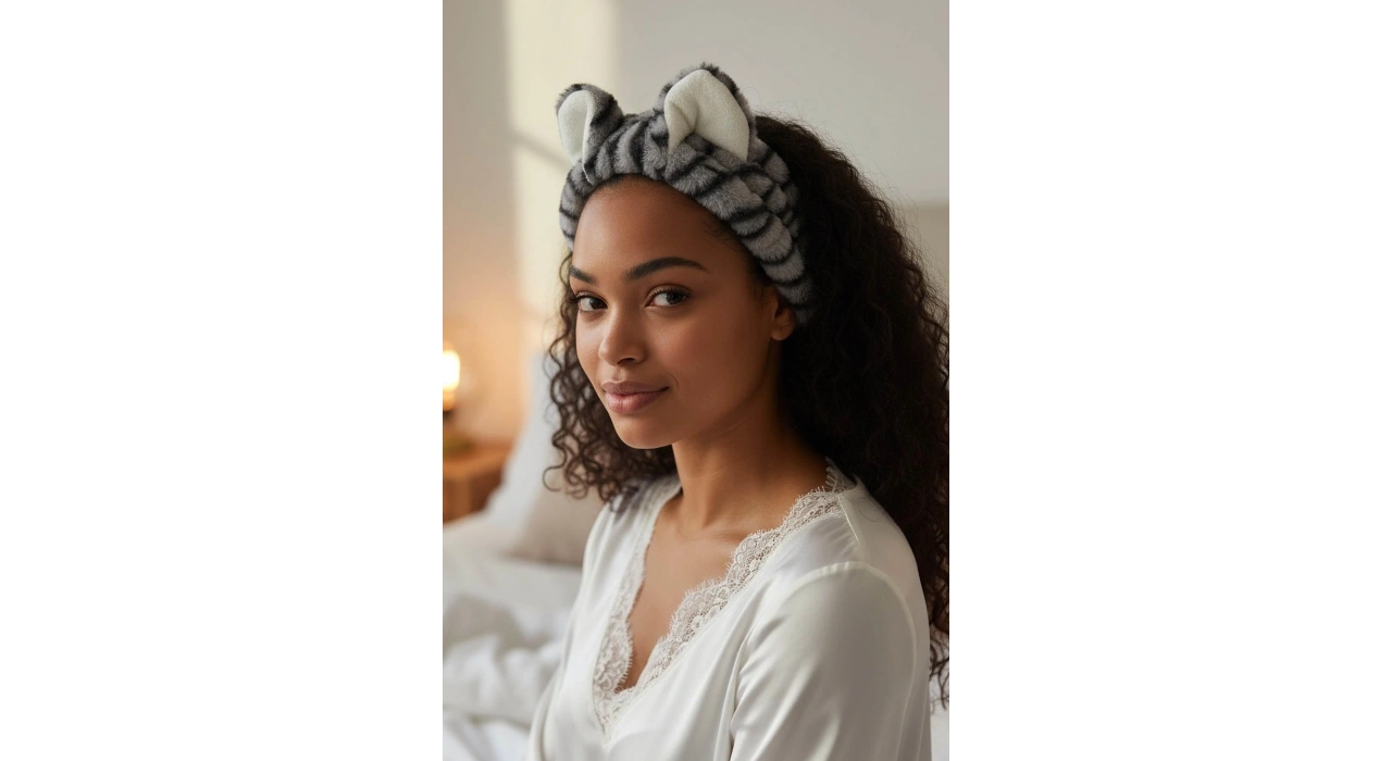 Gri Renk Kulak Detaylı Peluş Saç Bandı