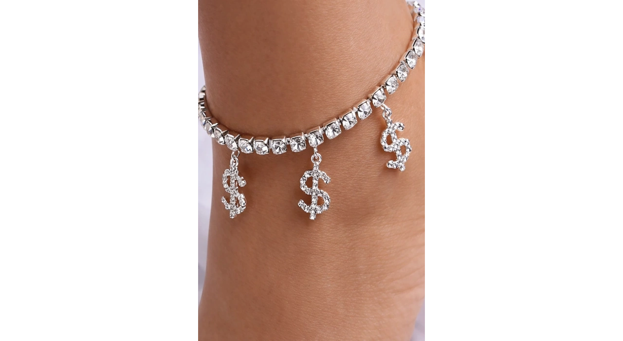 Gümüş Renk Dolar Figürlü Taş Detaylı Tasarım Halhal