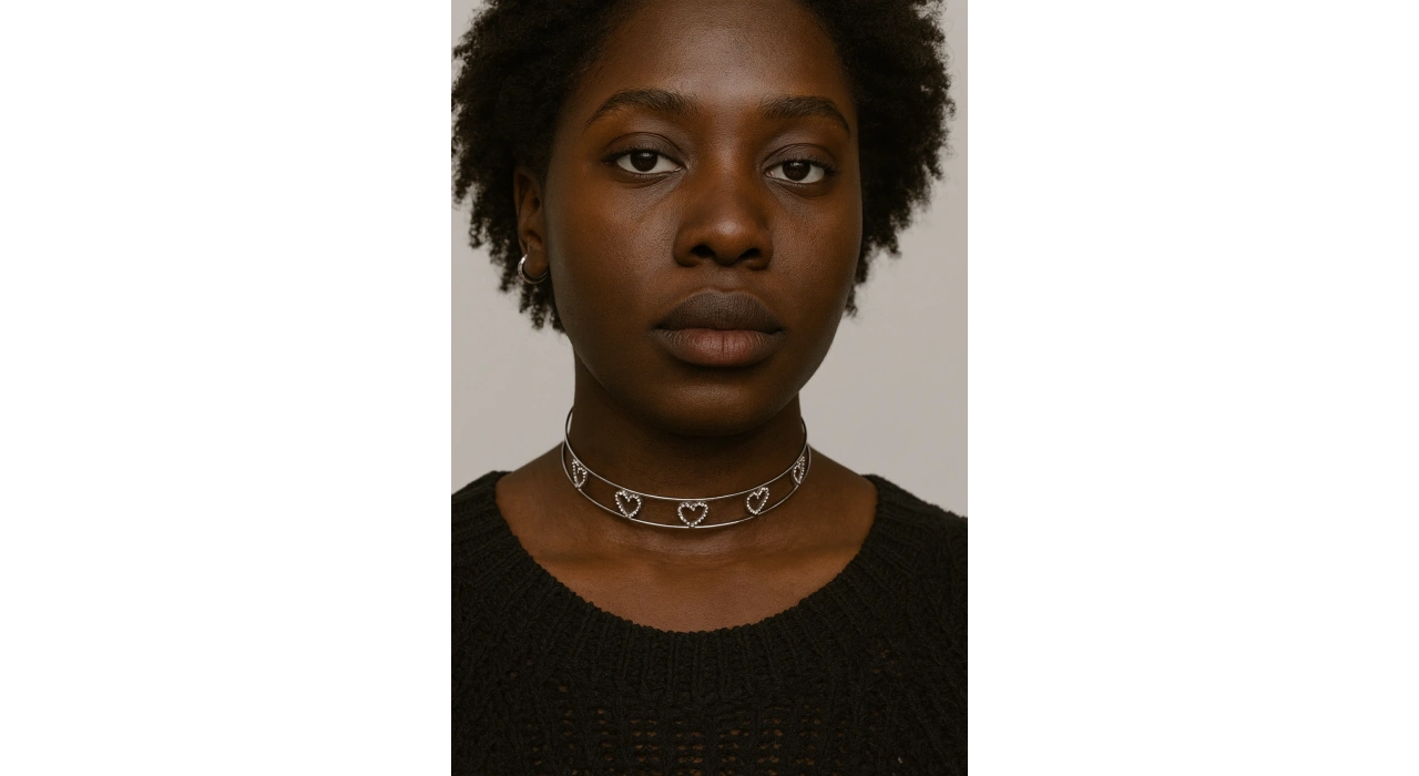 Gümüş Renk Kalp Figürlü Taş Detaylı Choker Kolye