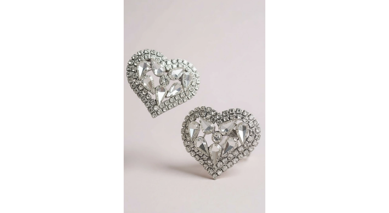 Gümüş Renk Kalp Figürlü Taşlı Abiye Küpe Kına/Gelin Küpe (Çift)