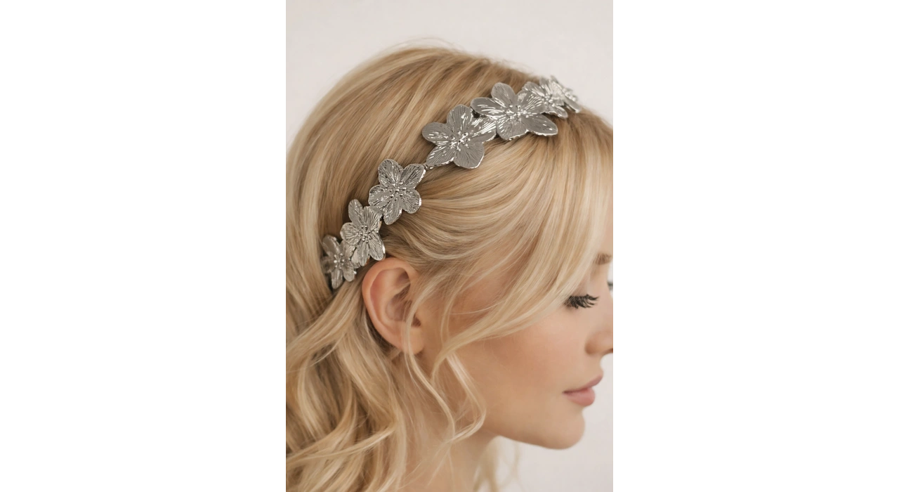 Gümüş Renk Metal Çiçek Figürlü Taç