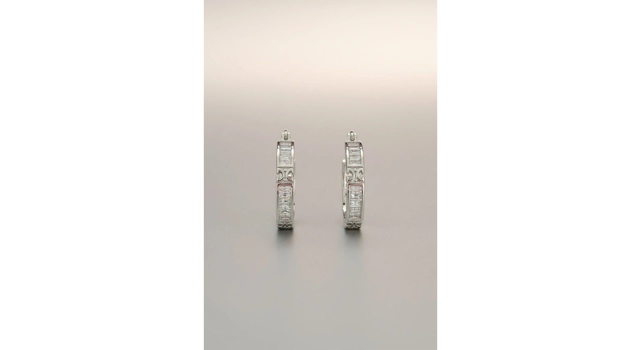 Gümüş Renk Taş Detaylı 14K Altın Kaplama Tx  Küpe (Çift)