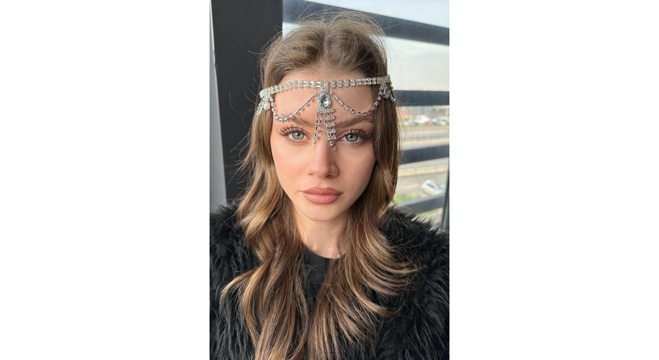 Gümüş Renk Taş Detaylı Alınlık/Kına Aksesuarı