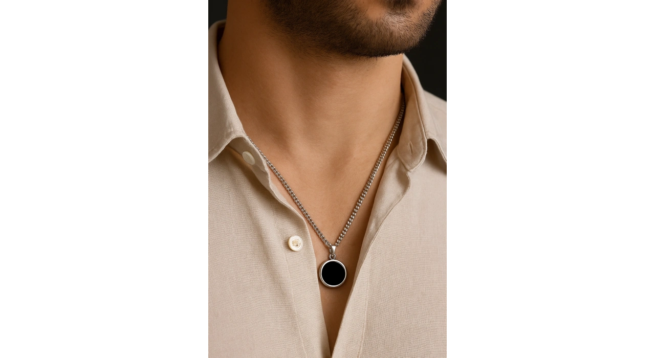 Gümüş Renk Taş Detaylı Erkek Zincir Çelik Kolye (60cm)