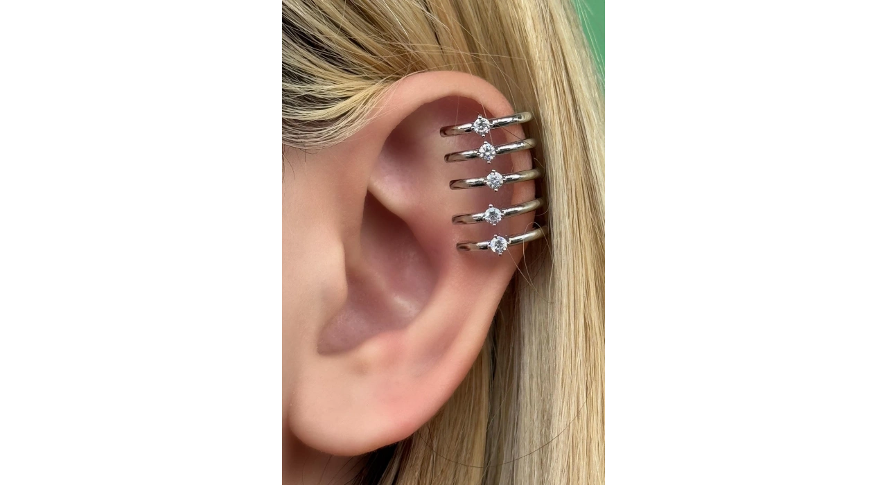 Gümüş Renk Taş Detaylı Kulak Aksesuar (Tek)