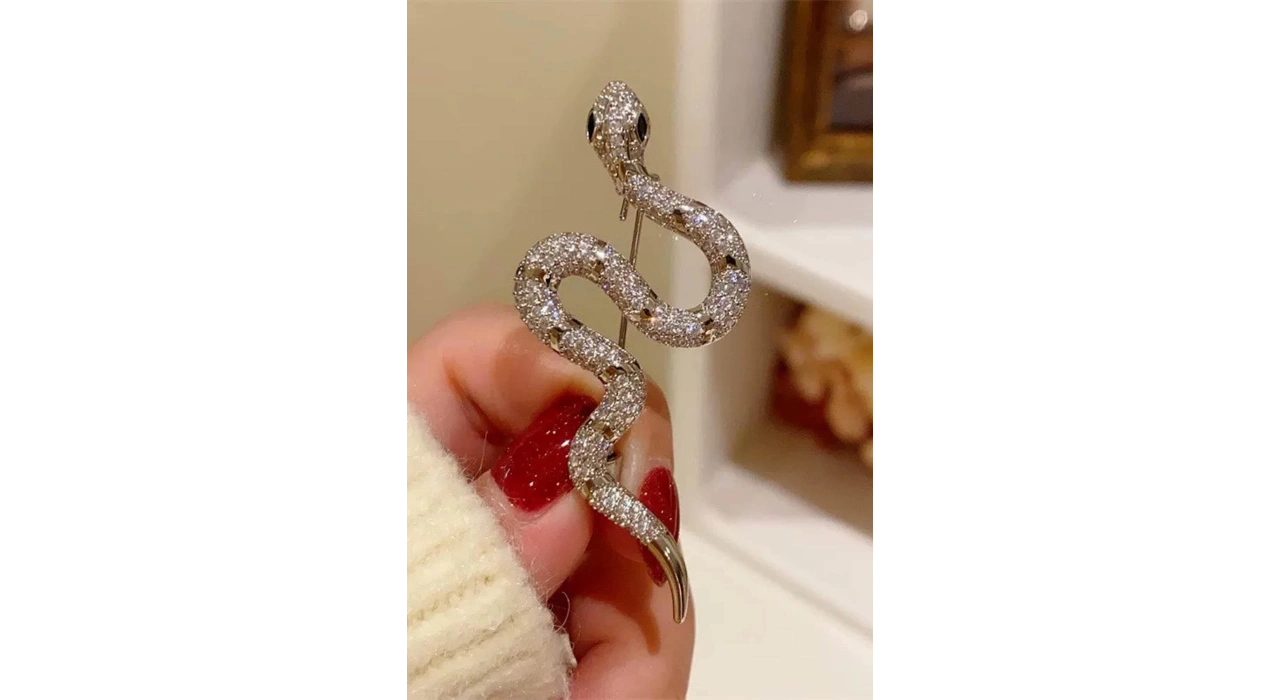 Gümüş Renk Yılan Figürlü Taş Detaylı Broş