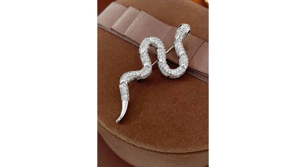 Gümüş Renk Yılan Figürlü Taş Detaylı Broş