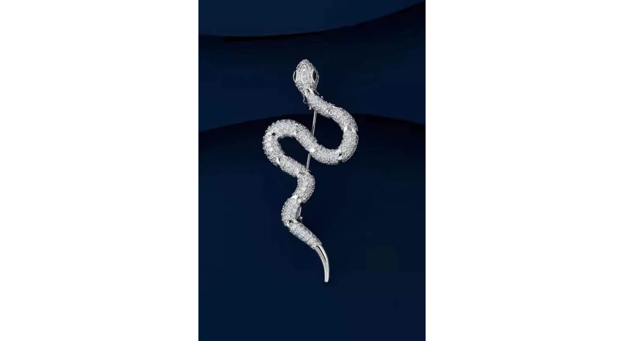 Gümüş Renk Yılan Figürlü Taş Detaylı Broş