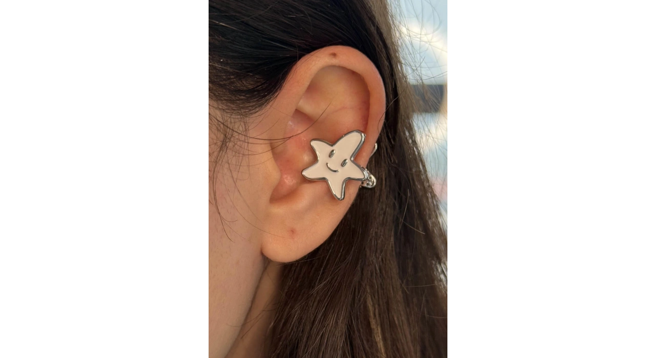 Gümüş Renk Yıldız Figürlü Çift Taraflı 14K Altın Kaplama Ear Cuff (Tek)