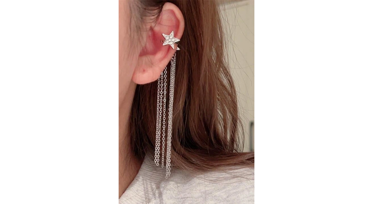 Gümüş Renk Yıldız Figürlü Sallantılı Kulak Aksesuarı (Tek)
