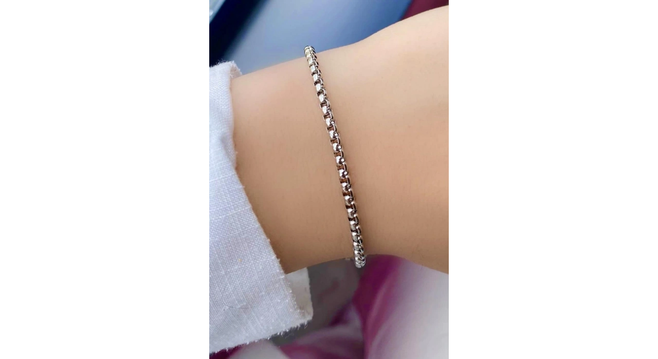 Gümüş Renk Zincir Detaylı Çelik Bileklik (Unisex)