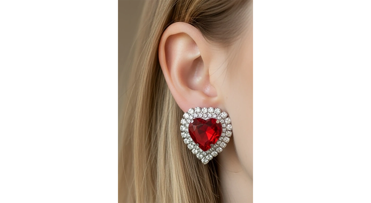 Gümüş ve Kırmızı Renk Kalp Figürlü Taşlı Abiye Küpe Kına/Gelin Küpe (Çift)