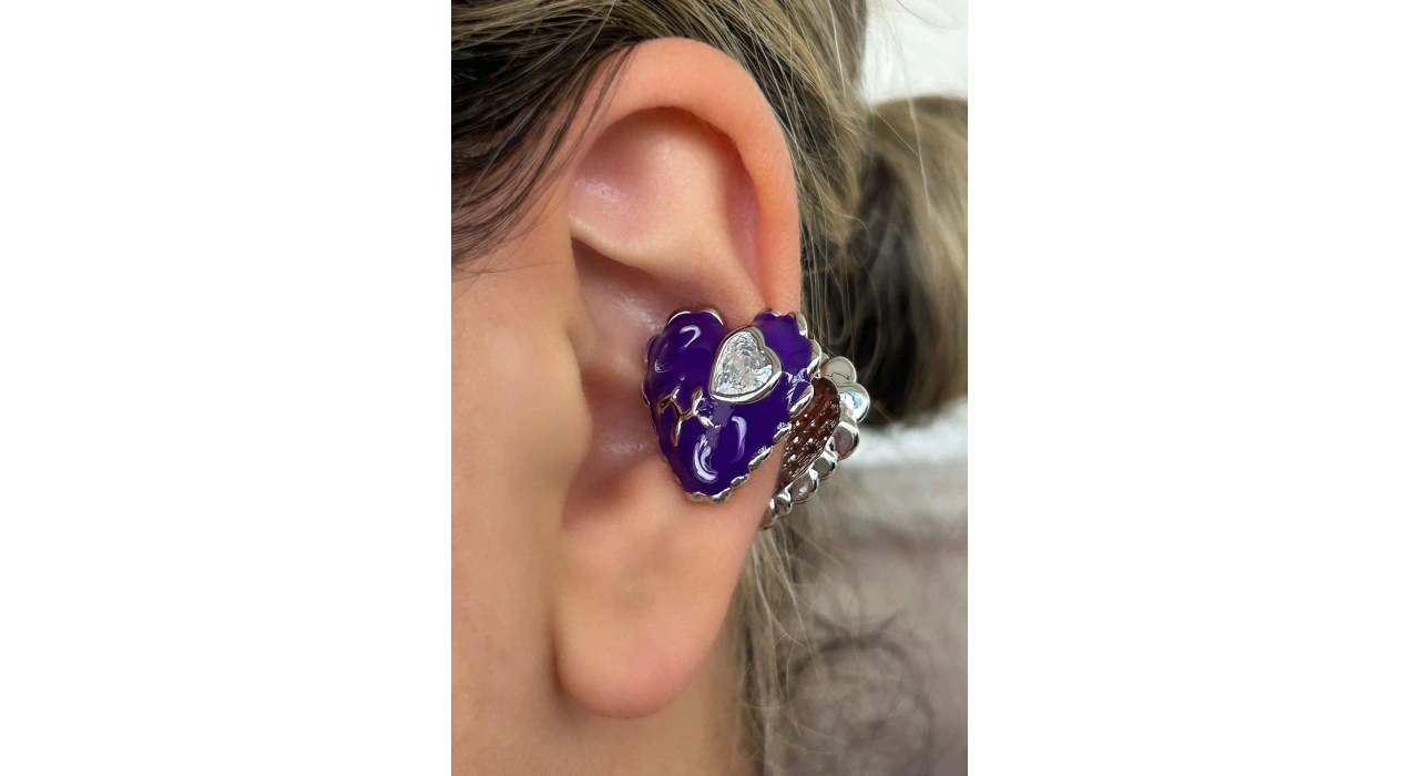 Gümüş Ve Mor Renk Kalp Figürlü 14K Altın Kaplama TX Ear Cuff (Tek)