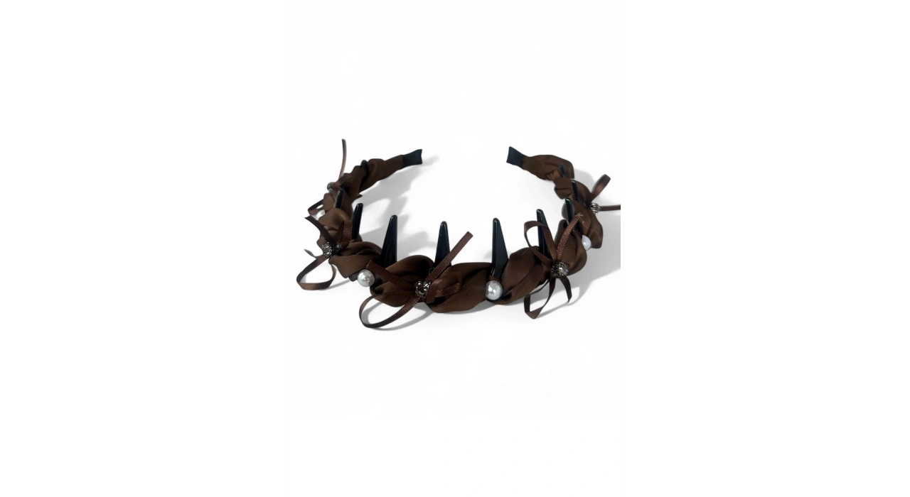 Kahve Renk Taş Ve İnci Detaylı Taraklı Taç