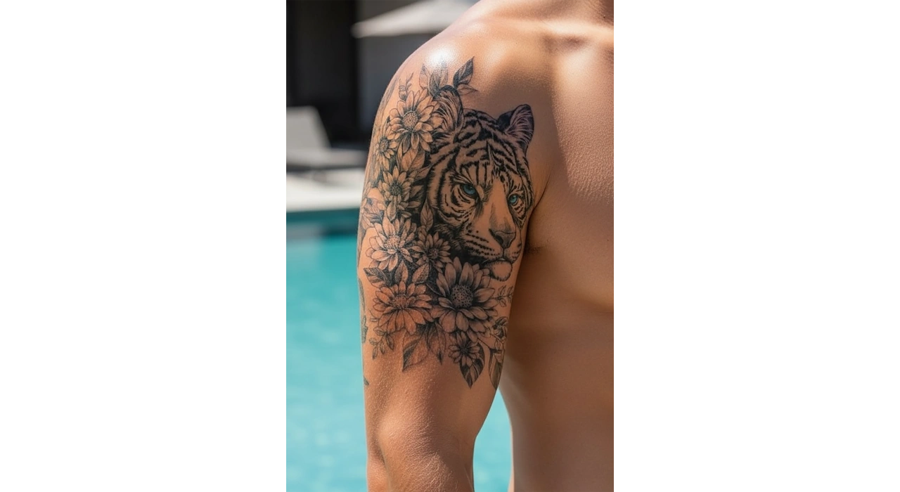 Kaplan Ve Çiçek Figürlü Geçici Dövme Tattoo