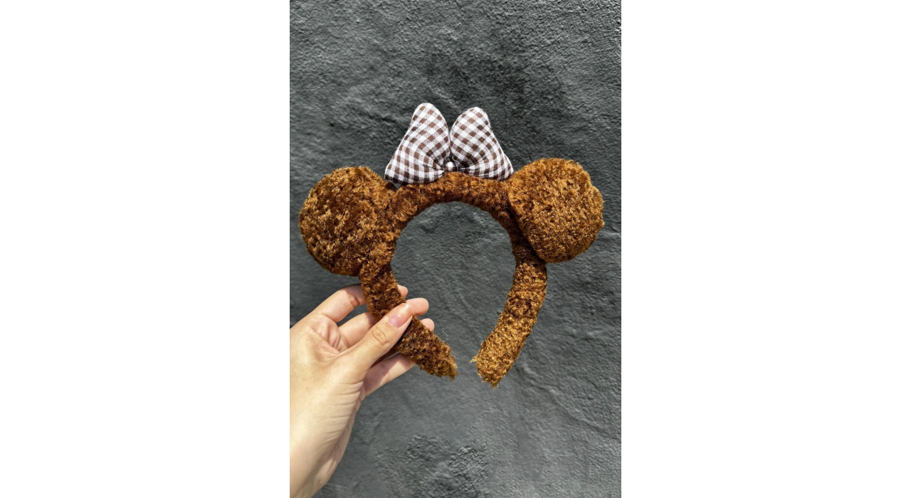 Koyu Kahve Renk Ayıcık Figürlü Kurdele Detaylı Peluş Taç