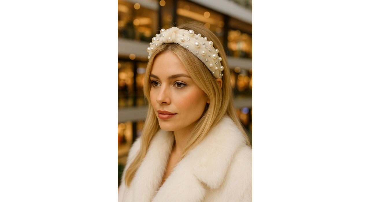 Krem Renk İnci Detaylı Taşlı Taç