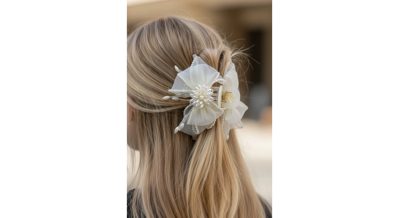 Krem Renk Kurdele Figürlü İnci Detaylı Mandal Toka