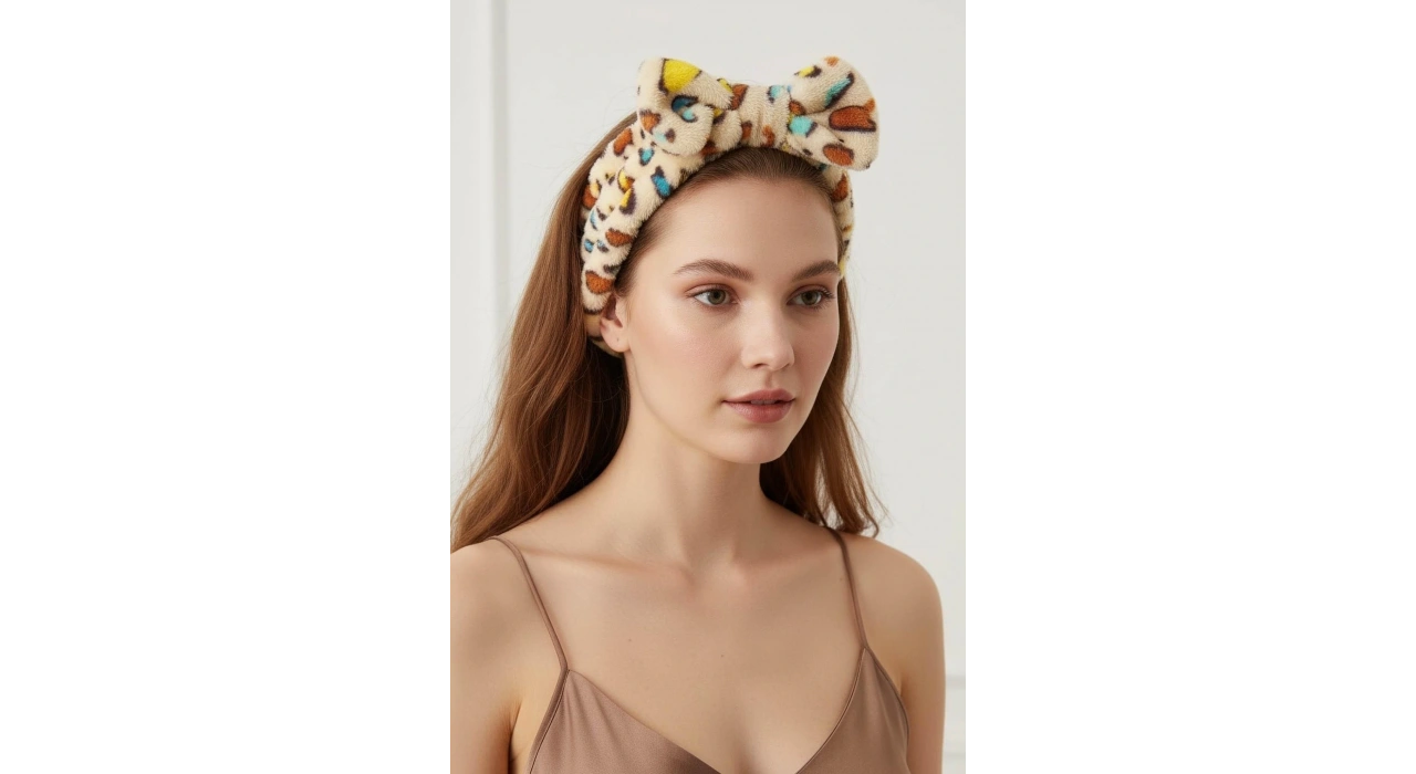 Krem Renk Leopar Figürlü Peluş Saç Bandı