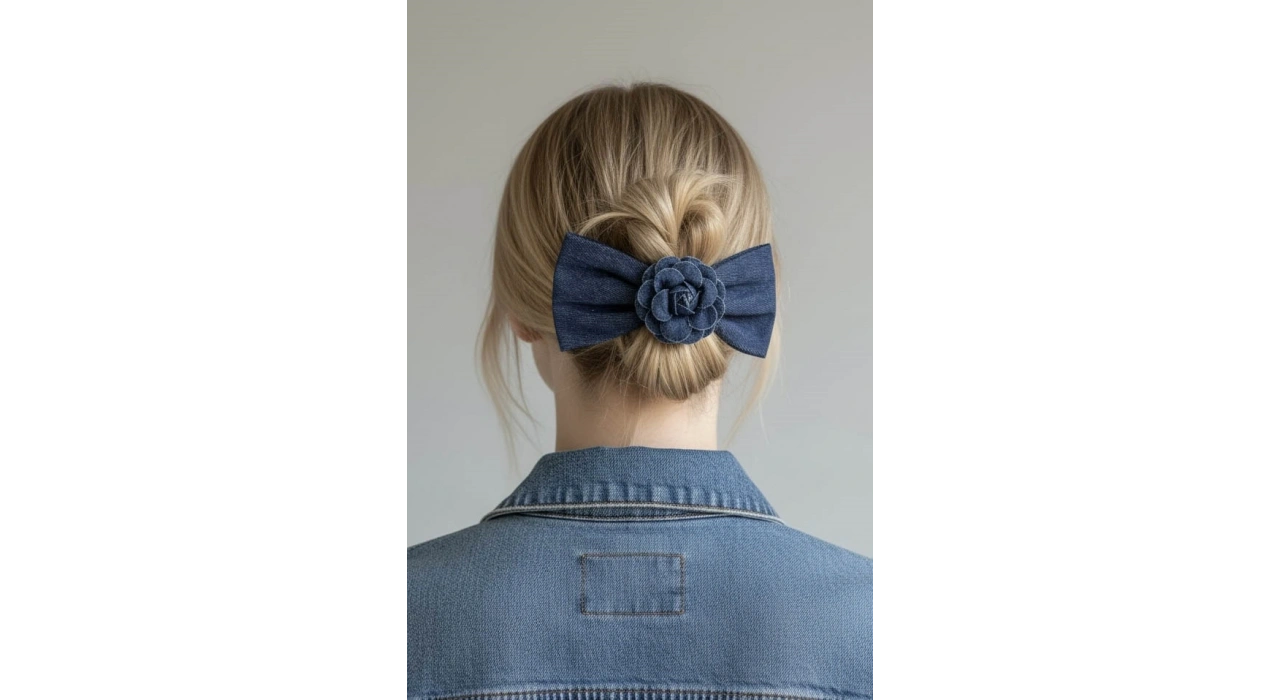 Lacivert Renk Kurdele Figürlü Çiçek Detaylı Otomat Toka