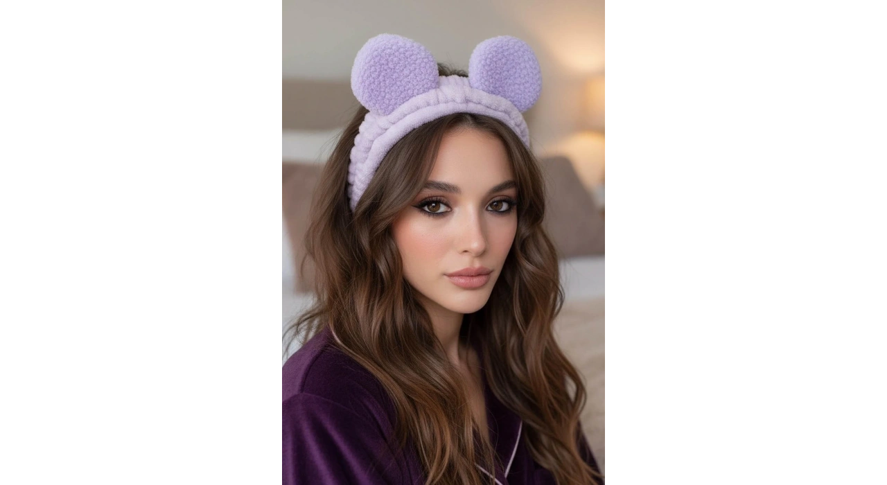 Lila Renk Kulak Detaylı Peluş Saç Bandı