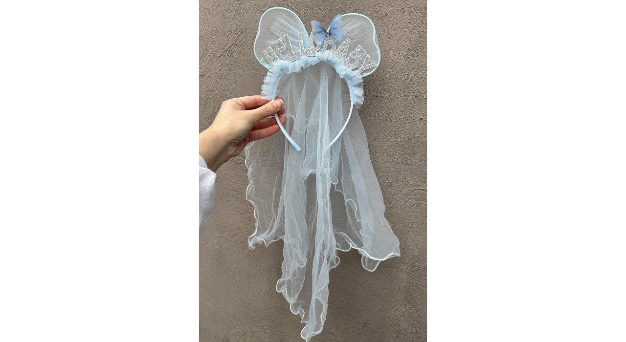 Mavi Renk Hello Baby Yazılı Tül Detaylı Taç