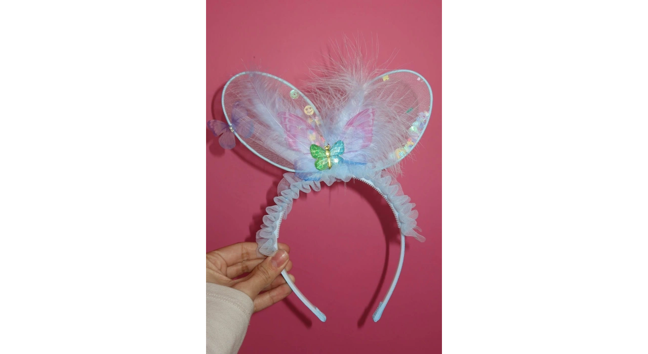 Mavi Renk Kelebek Figürlü Tüy Detaylı Taç