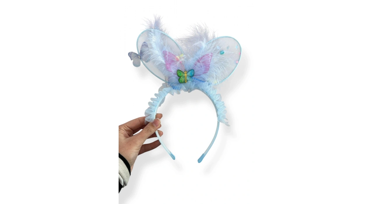 Mavi Renk Kelebek Figürlü Tüy Detaylı Taç