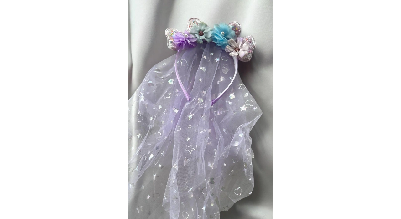 Mor Renk Çiçek Figürlü Tül Detaylı Taç