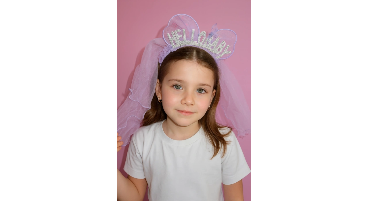 Mor Renk Hello Baby Yazılı Tül Detaylı Taç